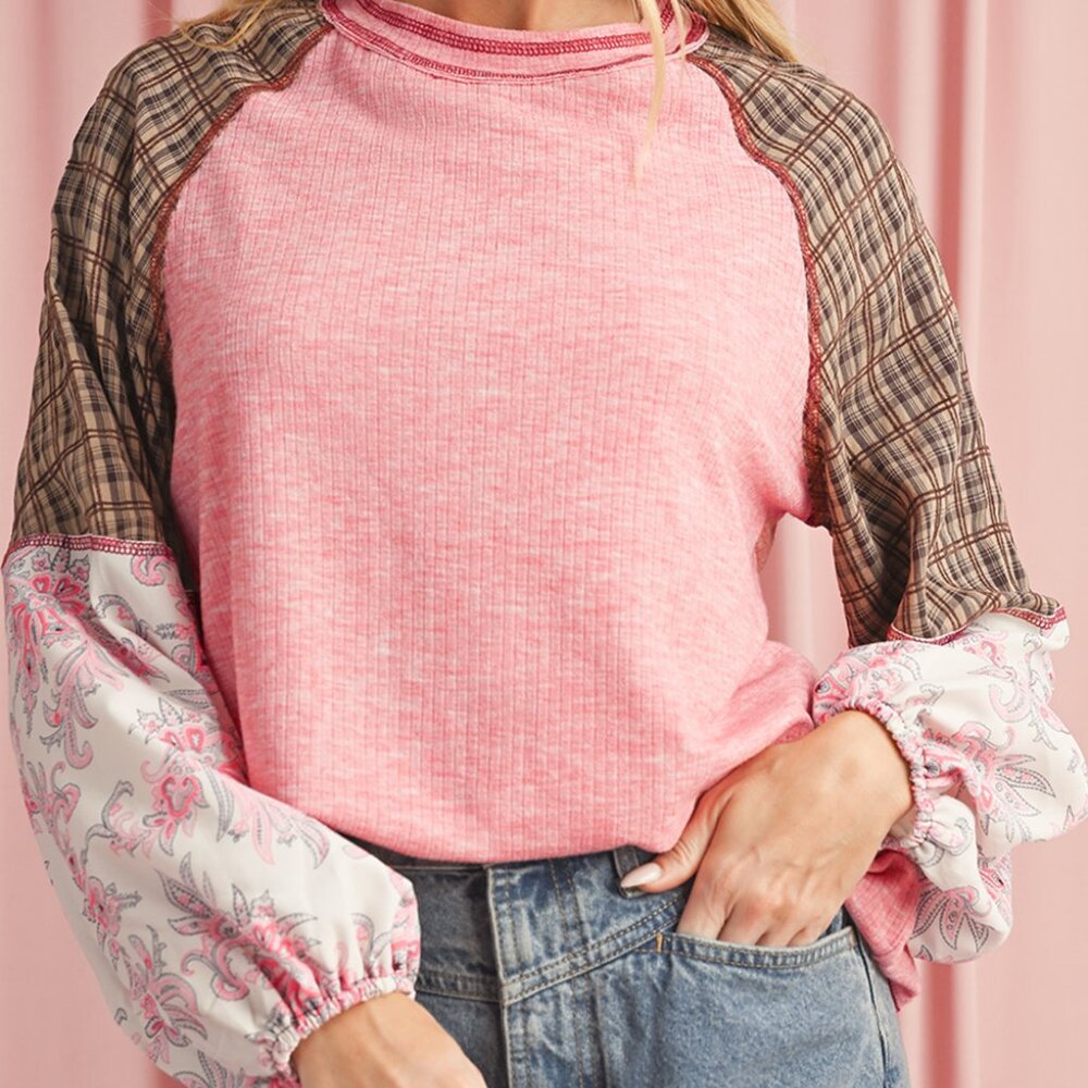 B217 Fushia Floral Plaid Mixed Print Patchwork Raglan Ribbed Top - Picture 3 of 5